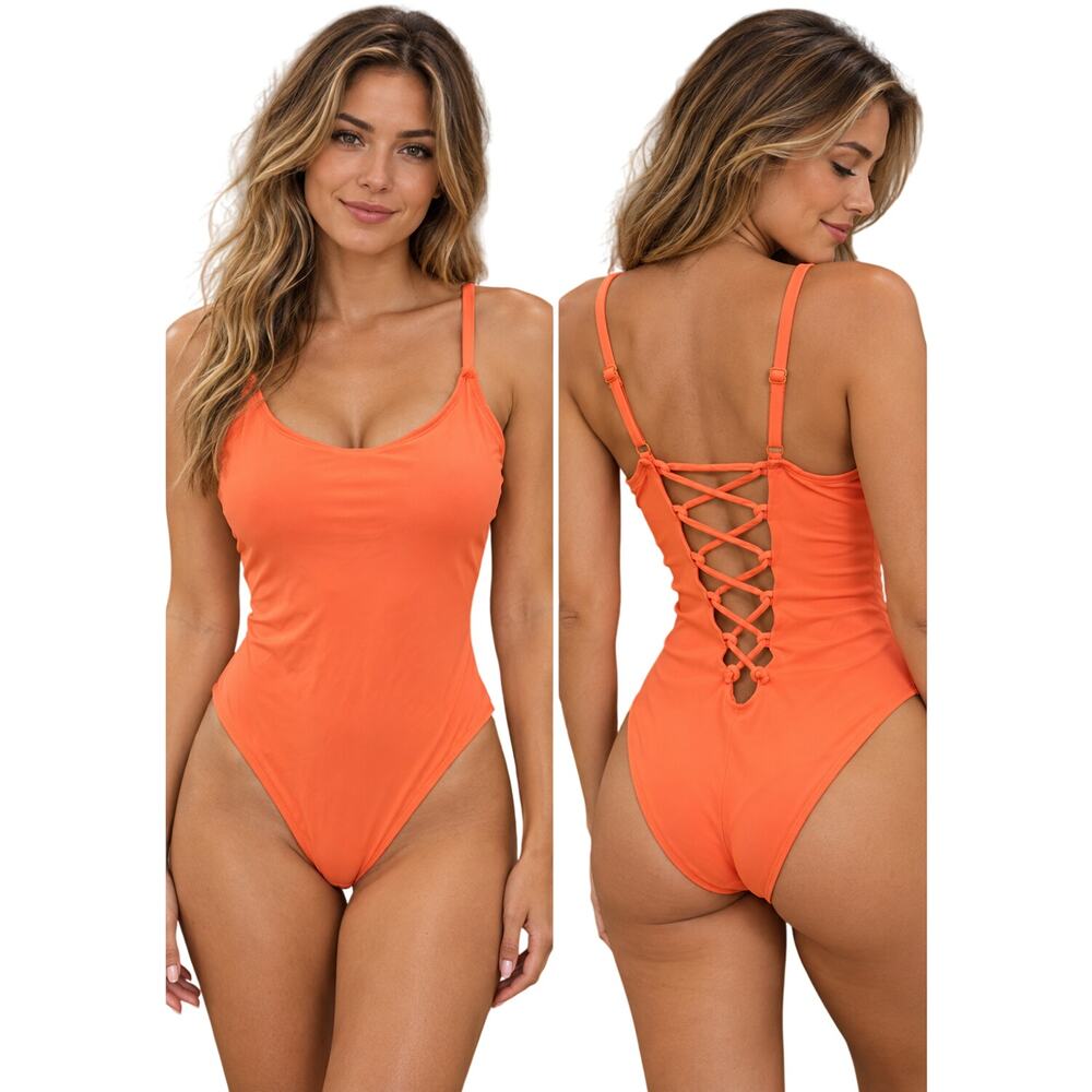 Ta3 shaping L 2.0 orange lace up back one piece bathing suit beach swim poppy